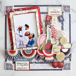USA scrapbook page with various patterns and compound embellishments made from the Madison Papercrafting Collection.