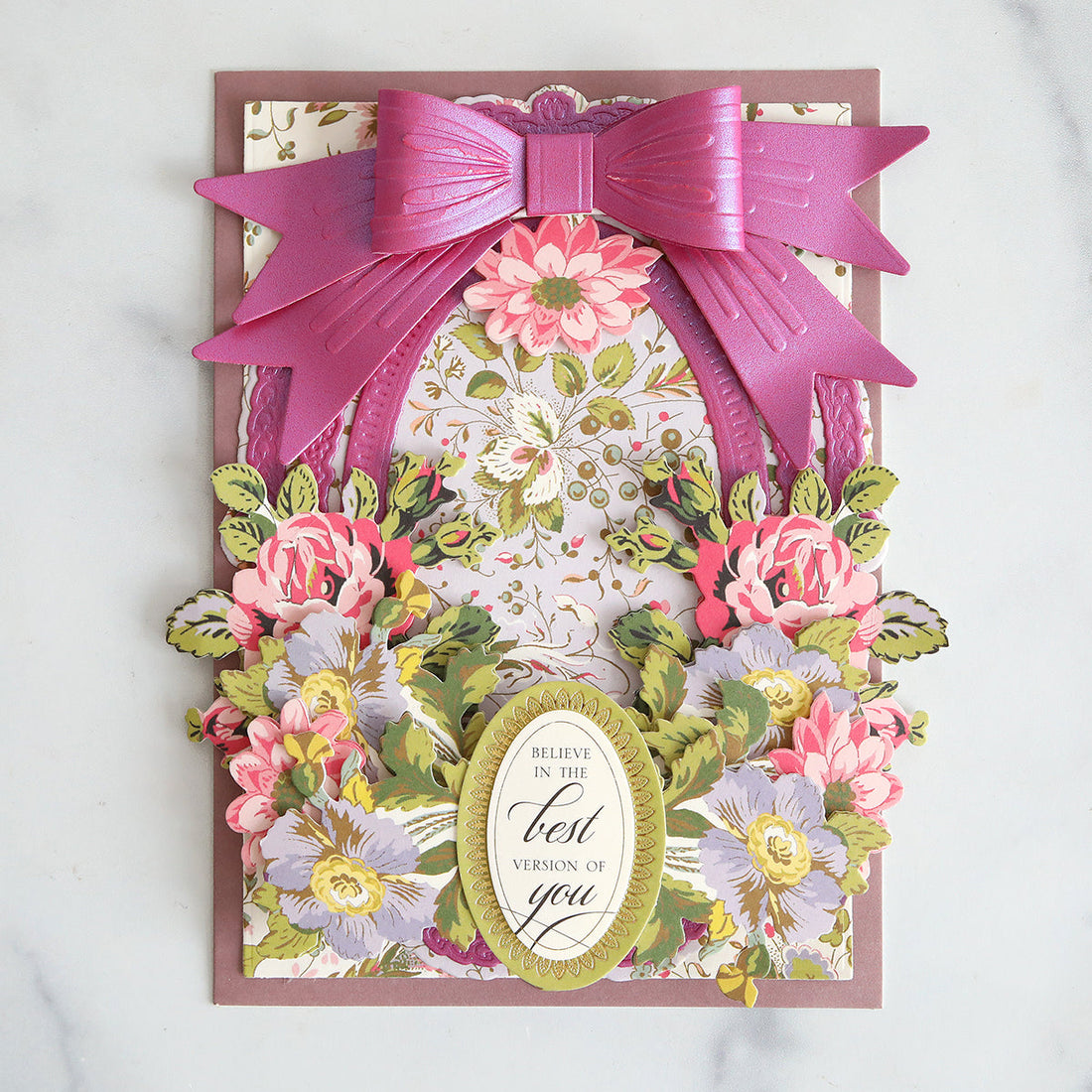 lavender floral card with dark pink frame, bow and floral stickers