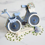 Navy and floral bicycle card with pretty white and blue details