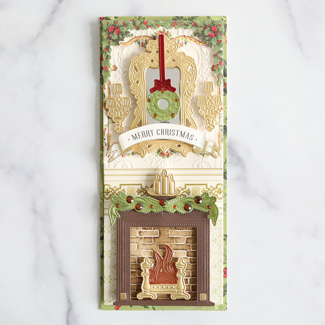 Card made with the Slimline Mantel Dies. Brick hearth, gold mirror and festive details