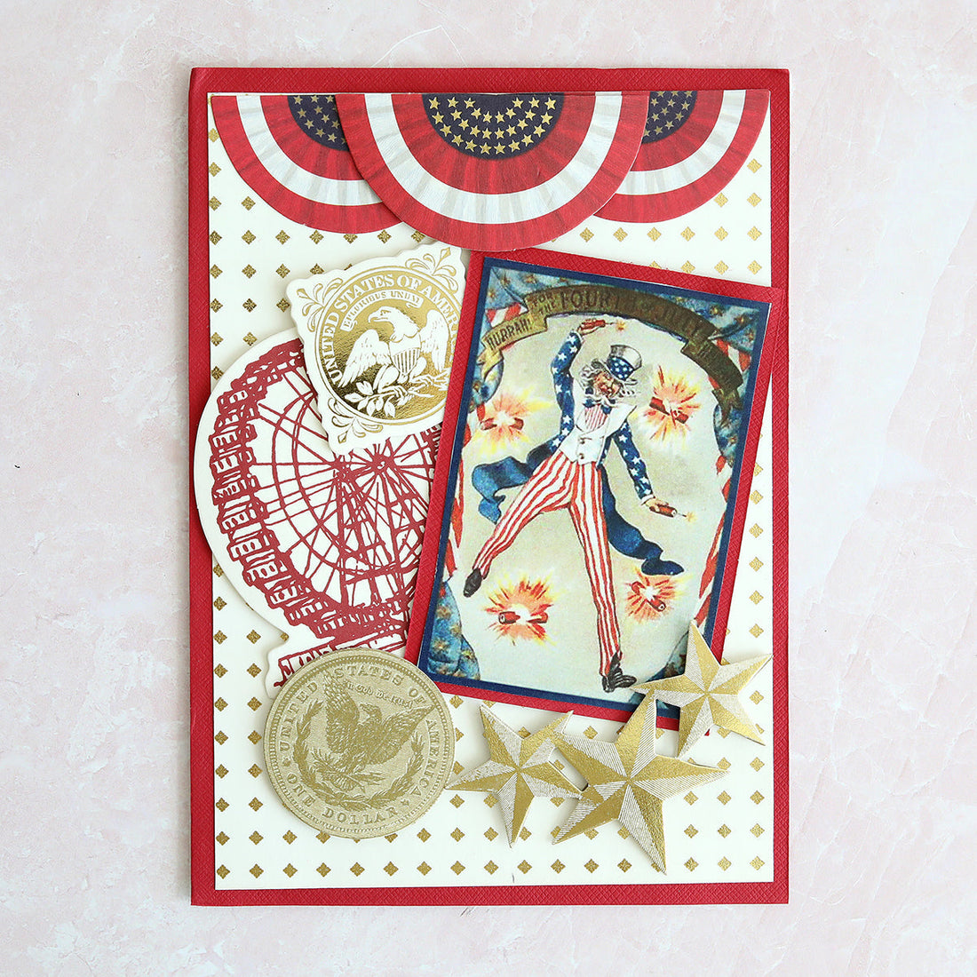 Patriotic card with bunting and fireworks, Uncle Sam and stars