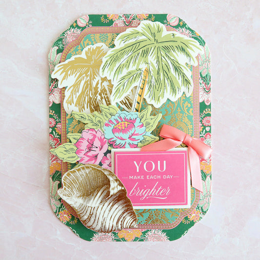 Tropical Card with palm trees, flowers and a shell.