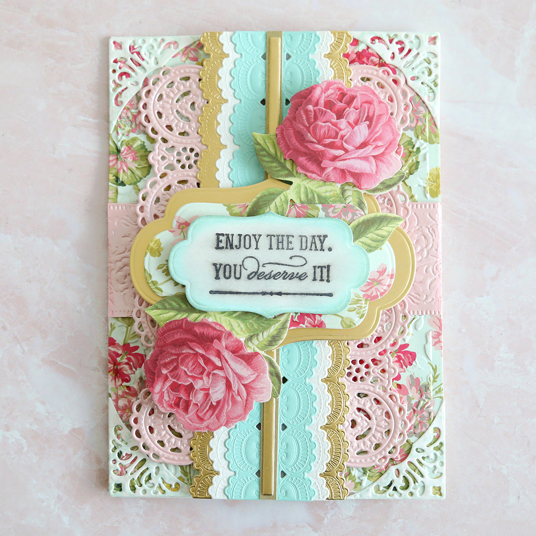 Colorful, floral card with lacy details