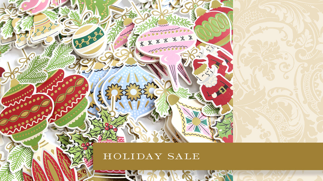 multi-colored bauble stickers and words holiday sale