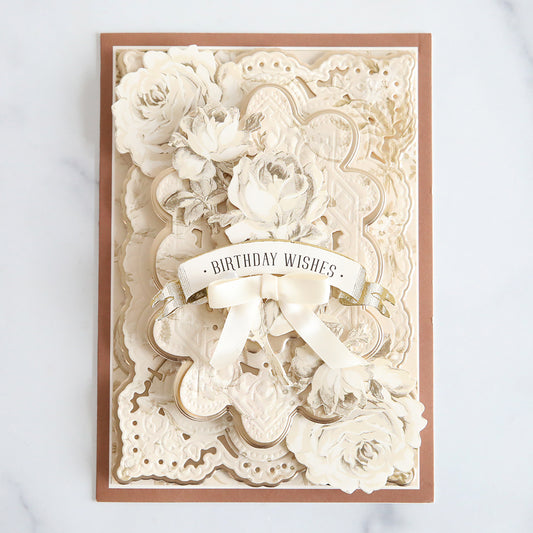 Brown card with ivory floral and champagne matte foil layers and cream rose stickers