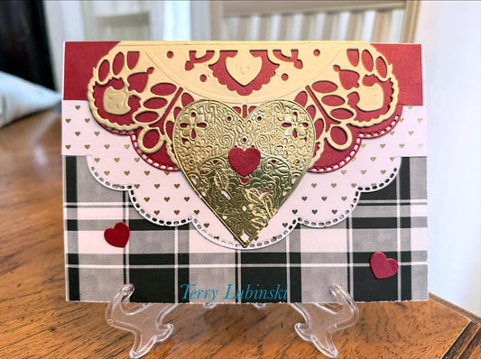 Red, gold and black and white plaid valentine