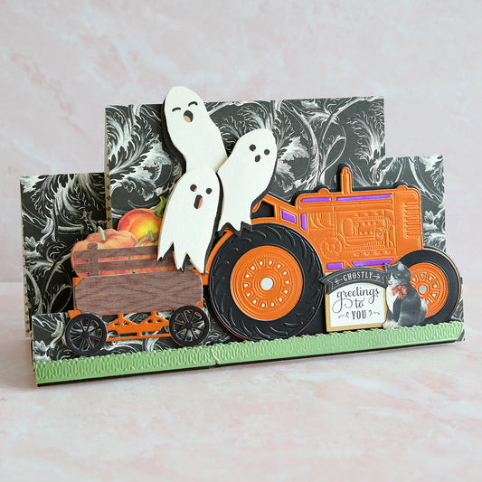 Halloween tractor card with pumpkin cart and ghosts