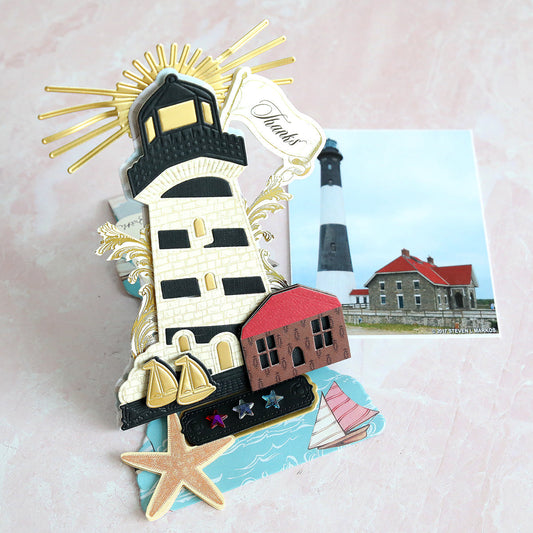 Cream, Black and Gold lighthouse easel card