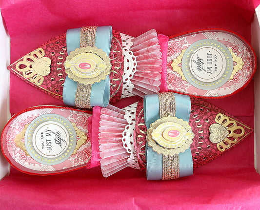 beautiful pair of pink, blue and gold paper shoes from Yukari