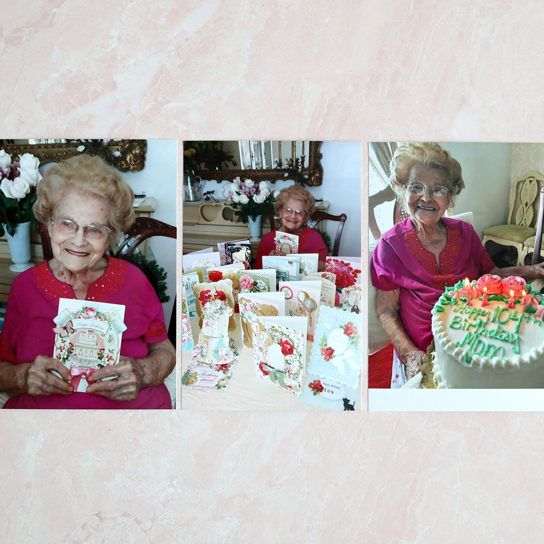 Three pictures of an older woman holding a cake.