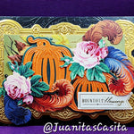 bold fall card with pumpkins and feathers