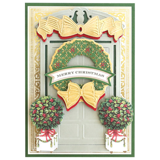 Card with front door, wreath and holiday topiaries.