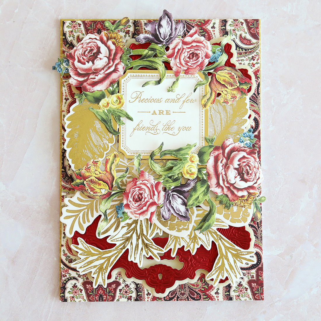 Thanksgiving card with gold flourishes, roses and more