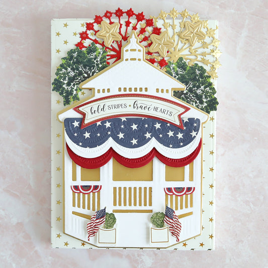 a patriotic card with stars and flags on it.