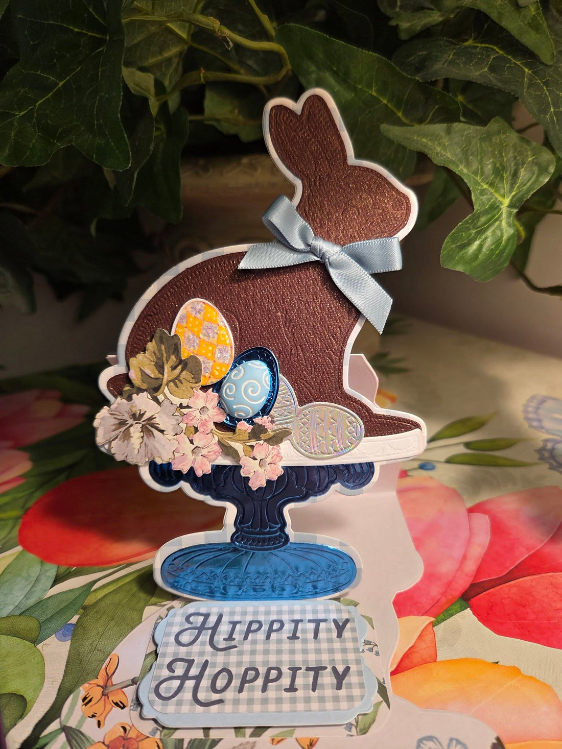 brown bunny easel card with eggs, flowers and gingham base