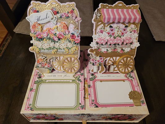 2 flower cart easel cards with flowers and awnings