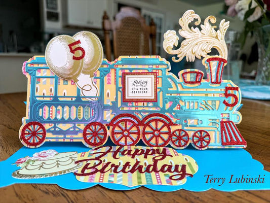 Blue and red train card for a 5 year old birthday