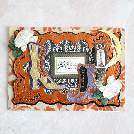 Halloween card with witchy shoes, roses, an owl and the moon!