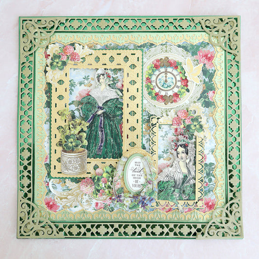 Elaborate St. Patrick's Day scrapbook page with paper dolls, lucky ephemera