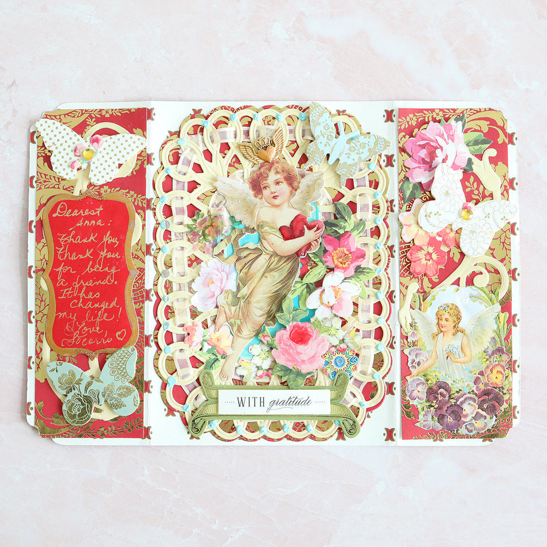 gatefold valentine with angel, flowers and butterflies