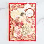 Red card with gold and red lace patterned layers with cupid, hearts and Be Mine Valentine Sentiment