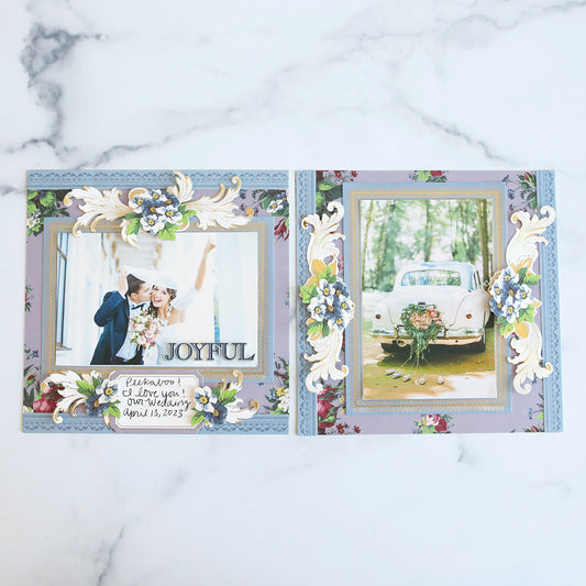 wedding layouts with Astrid papers, collaged embellishments and joyful sentiment