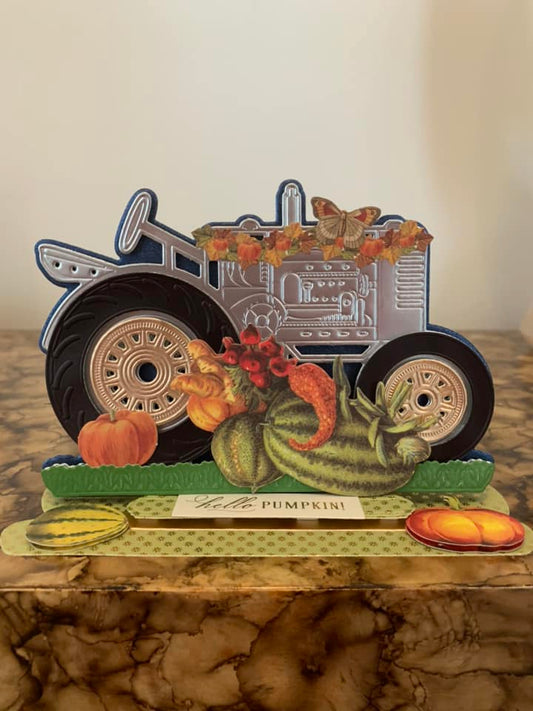 Fall tractor card with leaves, pumpkins and more