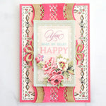 Pink bordered card with diecut borders and you make my heart happy vellum sentiment