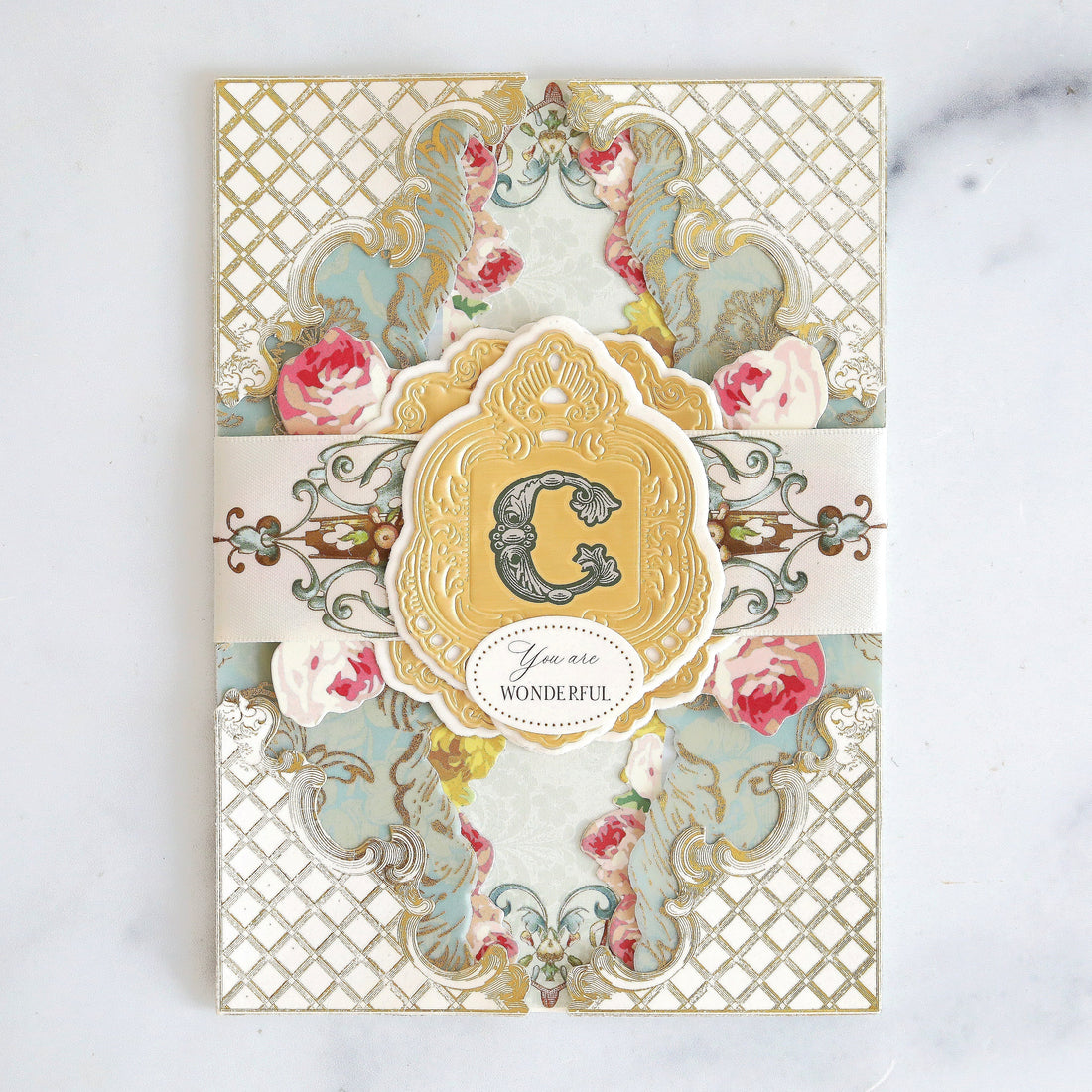 rose, vellum and rub on monogramed card