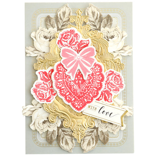 Gray card with gold frame diecut, beige roses and stamped roses, heart and bow.