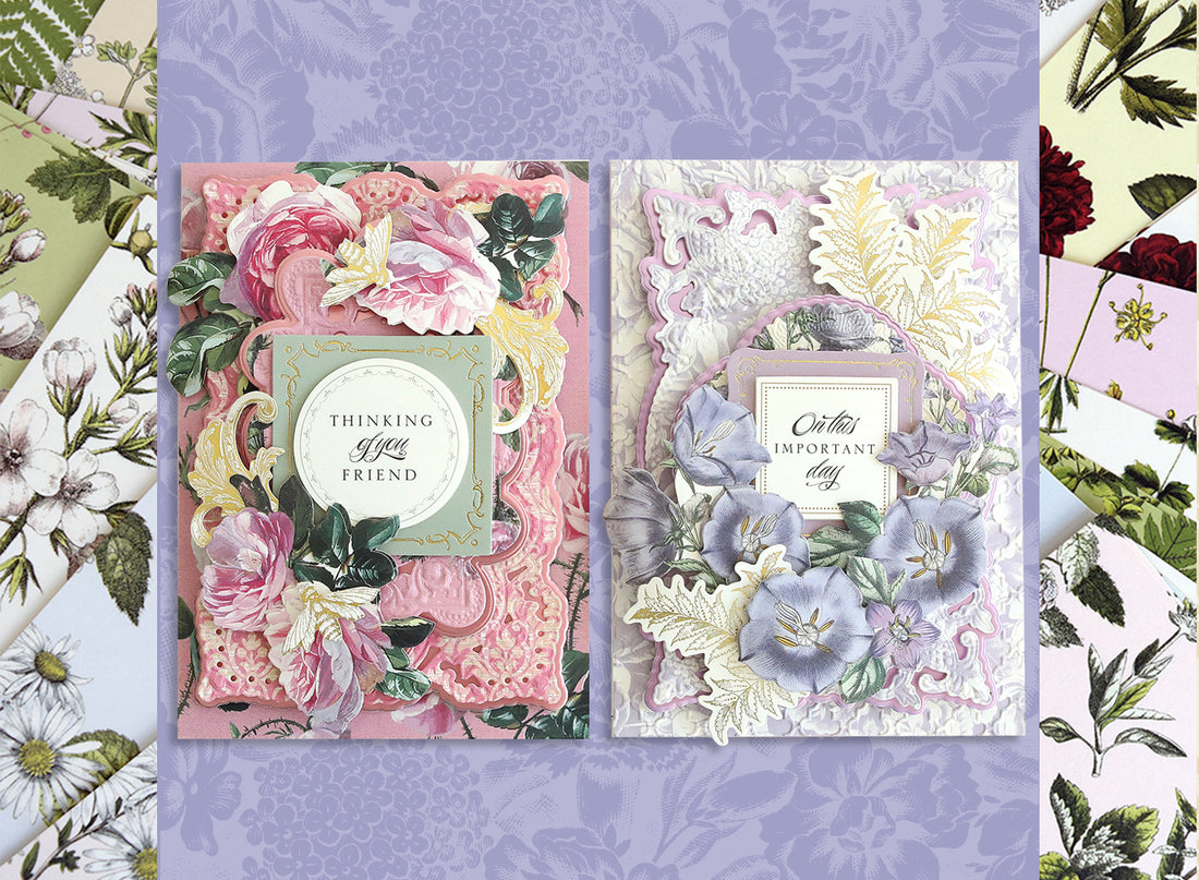 a pink and a purple card made with the Anniversary Floral Stickers.