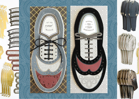 Paper wingtips with masculine stickers and sentiments
