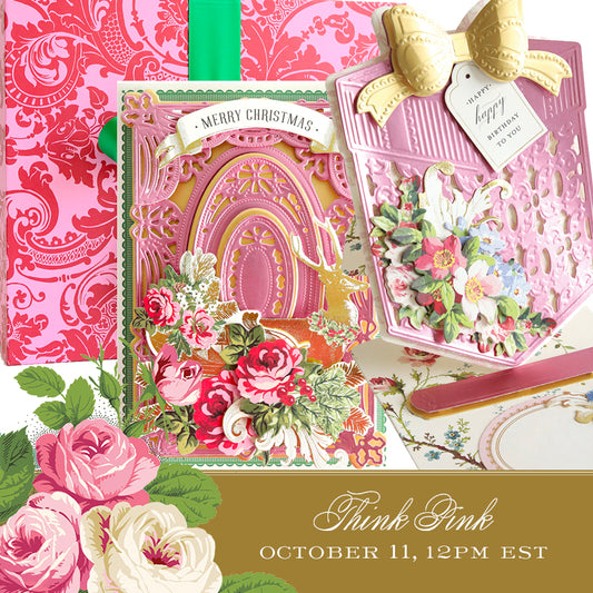 Pink box and pink Christmas projects with the date October 11, 2023