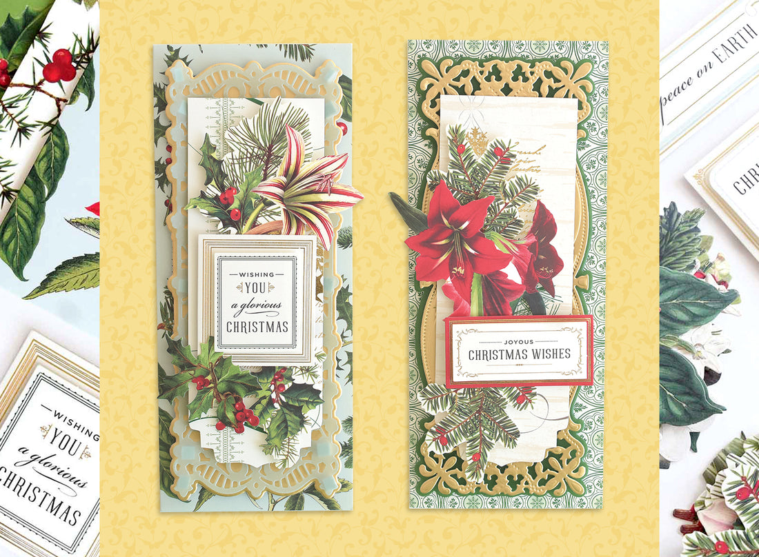 Slimline Christmas Botanical cards with holiday sentiments and embellishments