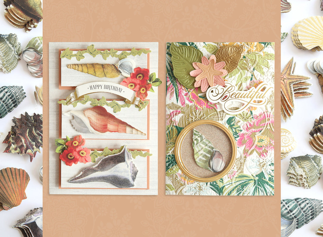 Summer cards with seashell stickers, tropical patterns and summer vibes