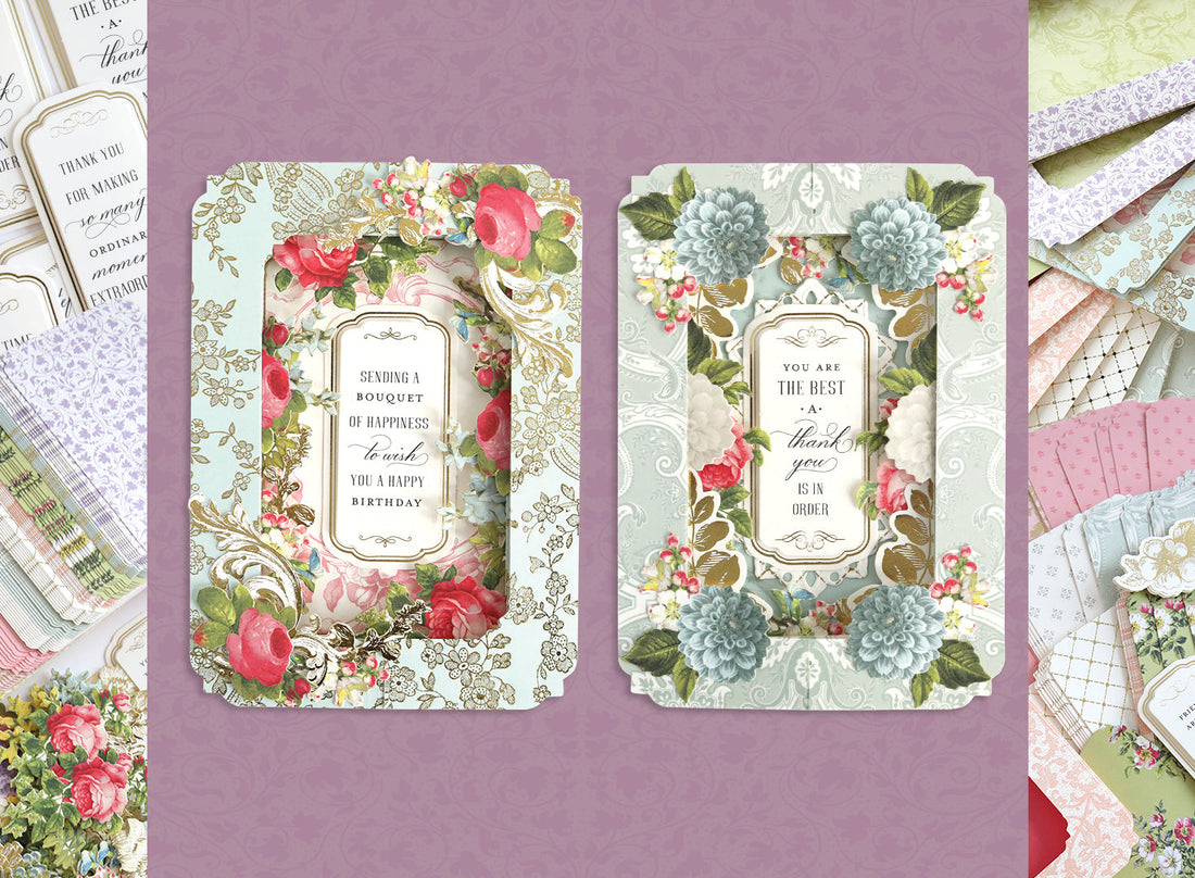 2 tunnel cards surrounded by card layers, sentiments, flowers and more