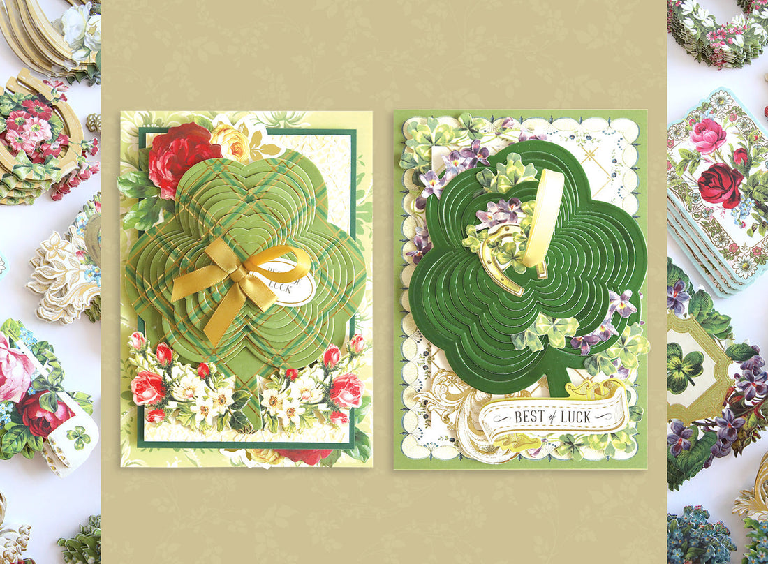 2 shamrock cards surrounded by lucky ephemera