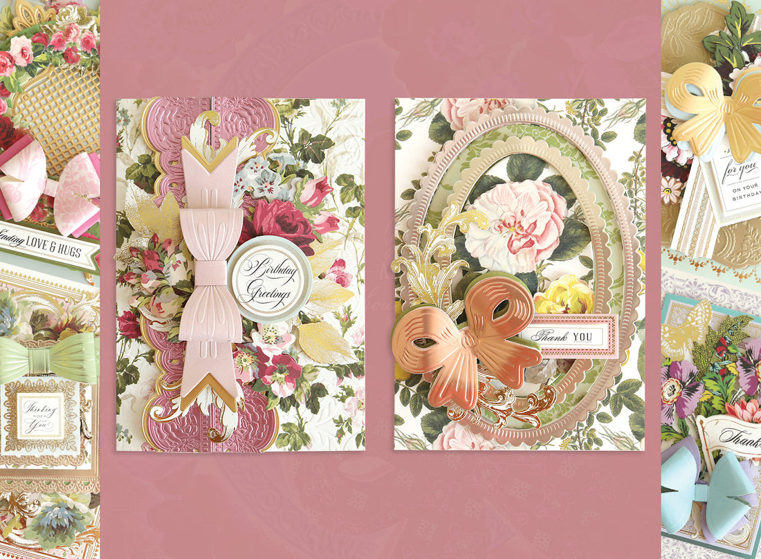 Cards with paper bows surrounded by pink and bow cards