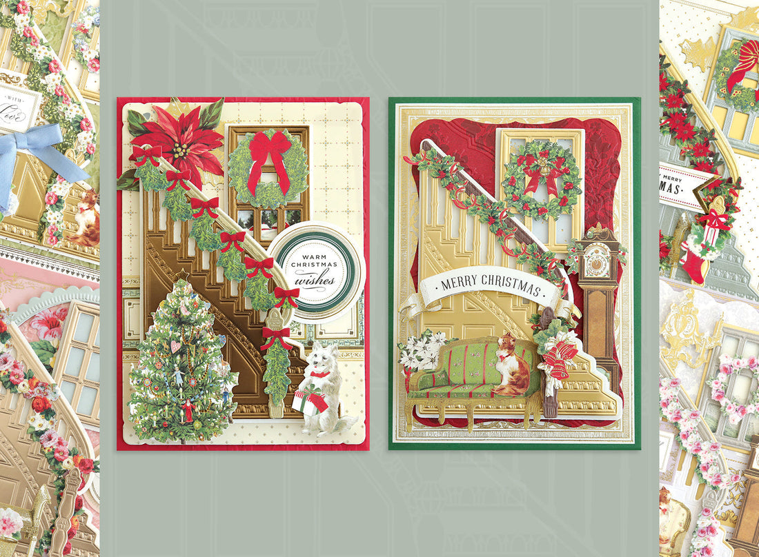2 staircase cards decorated for Christmas