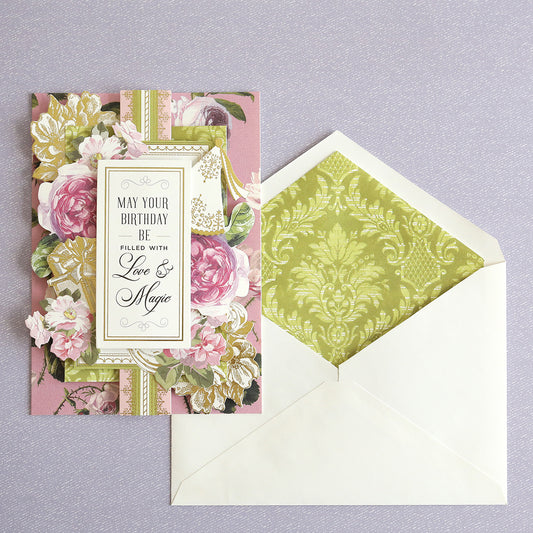 Floral Birthday Greetings card with coordinating green envelope liner.