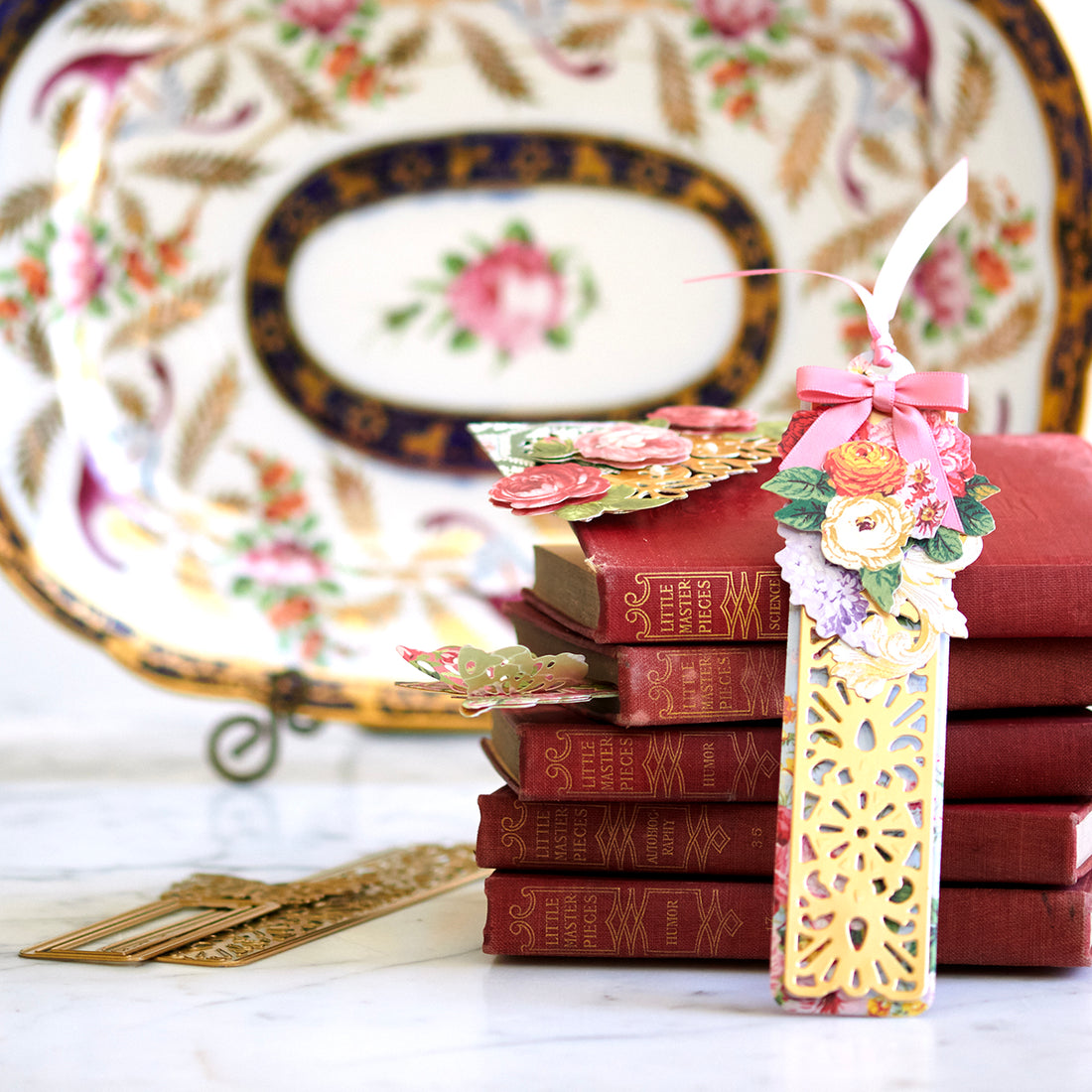 Floral and matte gold foil bookmark with cascade of Annalise flowers