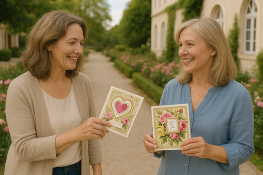 Two friends exchanging cards