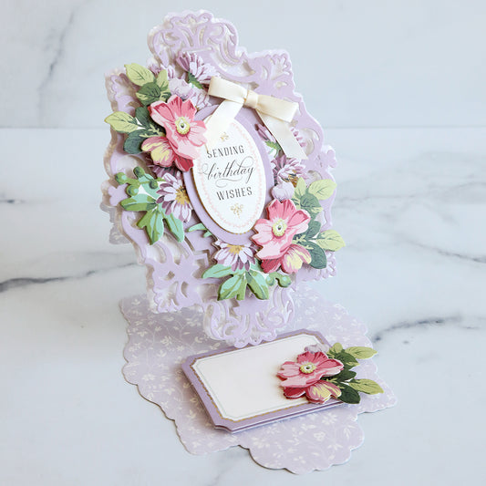 Purple Simply Birthday easel card with pink and purple flowers