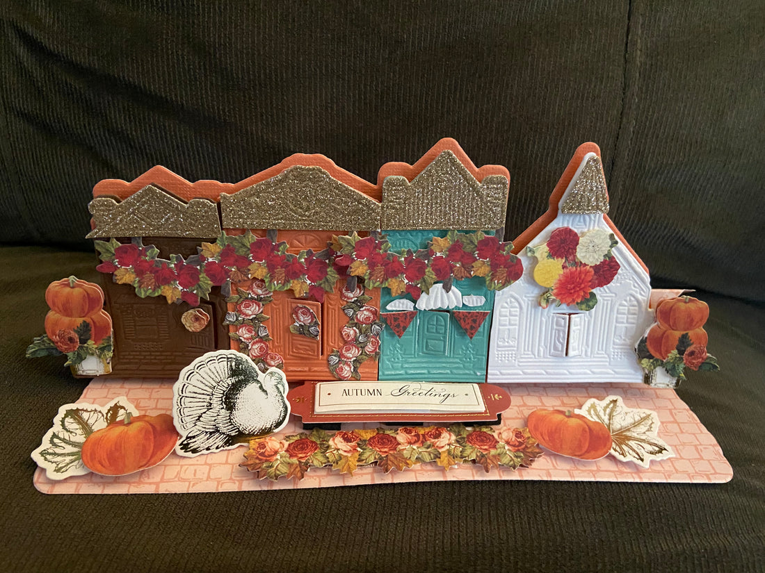 Autumnal Village Easel Card with fall shimmer colors