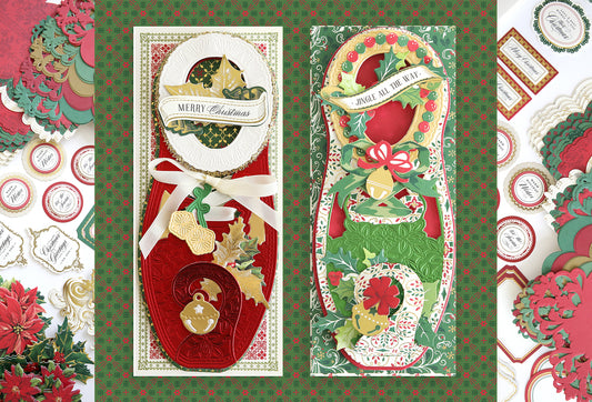 2 whimsical paper elf shoe cards with the kit components