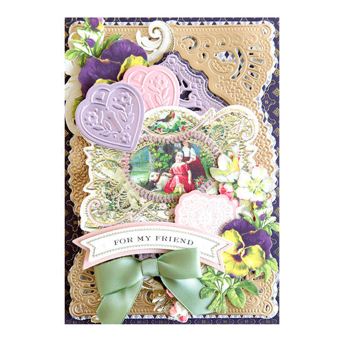 Purple card with victorian inspired ephemera and matte foil hearts