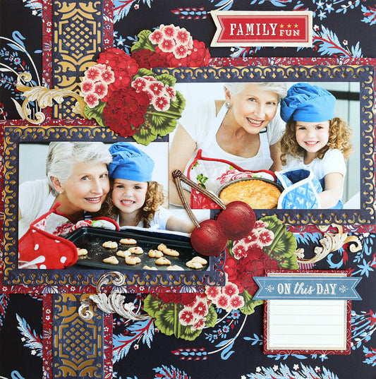 Red, white and blue scrapbook of little girl and grandma