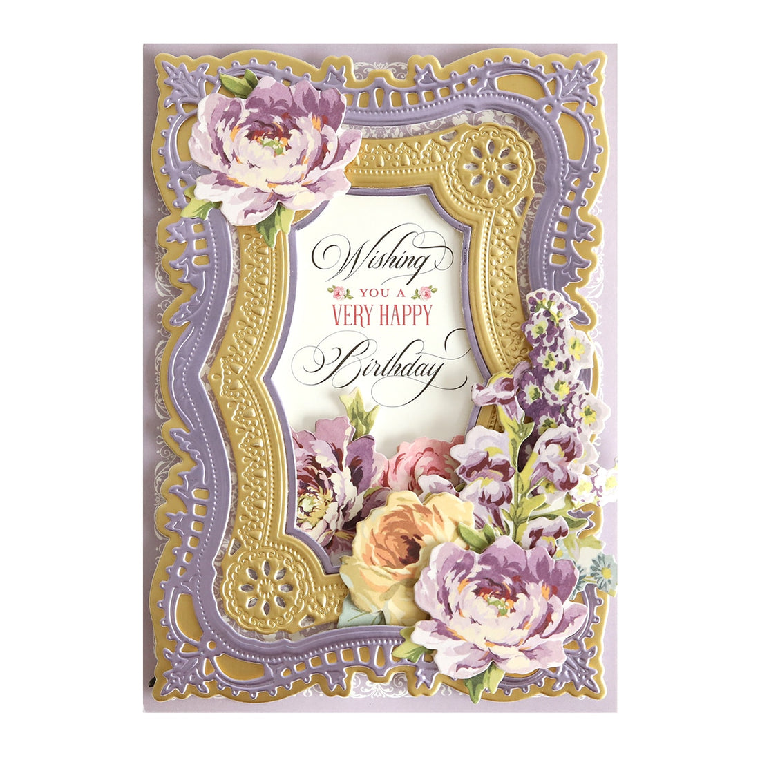 A purple and gold card with flowers and a frame.
