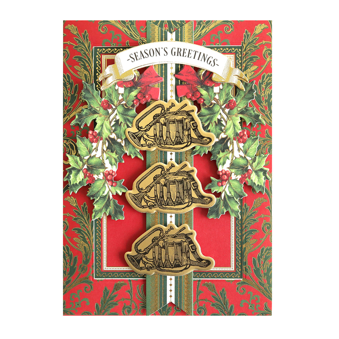 Red and green patterned card with stamped instruments