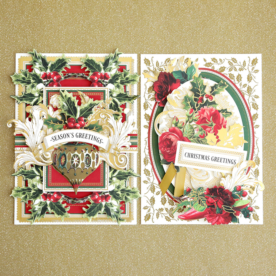 2 Christmas greetings cards on gold background